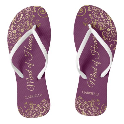 Elegant Magenta  Gold Lacy Maid of Honor Wedding Flip Flops