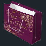 Elegant Magenta & Gold Maid of Honor Wedding Large Gift Bag<br><div class="desc">This beautiful gift bag is designed as a wedding gift or favor bag for the Maid of Honor. It features a beautiful cassis purple, magenta, red plum, or berry colored background with ornate golden faux foil curls and swirls in the corners. The gold script lettering reads "Maid of Honor" with...</div>