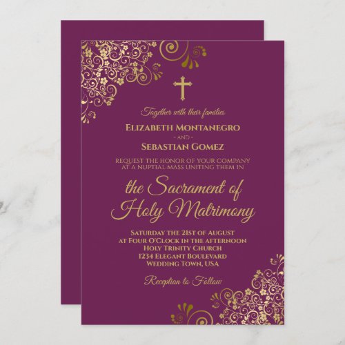 Elegant Magenta  Gold Modern Catholic Wedding Invitation