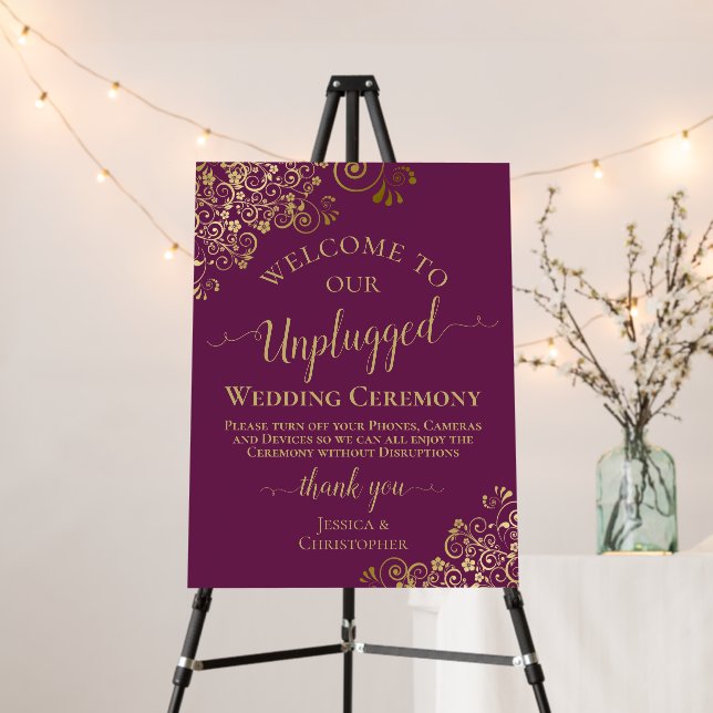 Elegant Magenta & Gold Unplugged Wedding Ceremony Foam Board (In Situ (Stand))