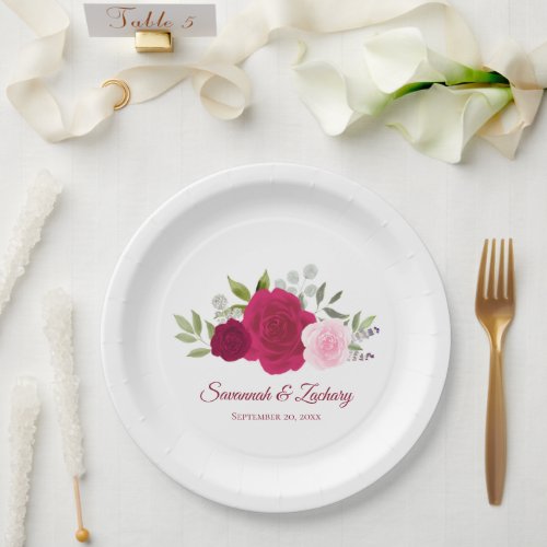 Elegant Magenta Hot Pink & Blush Roses Wedding Paper Plates