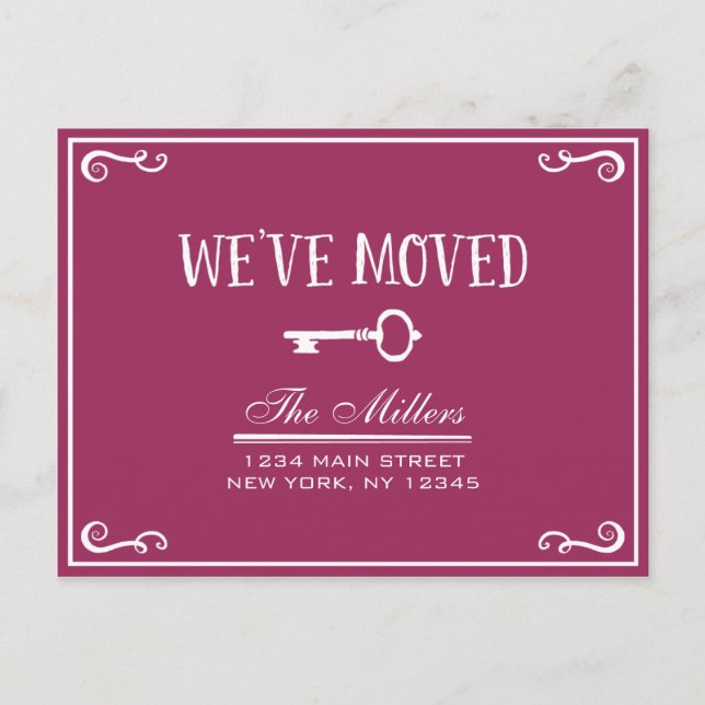 Elegant Magenta Key Moving Announcement Postcard (Front)