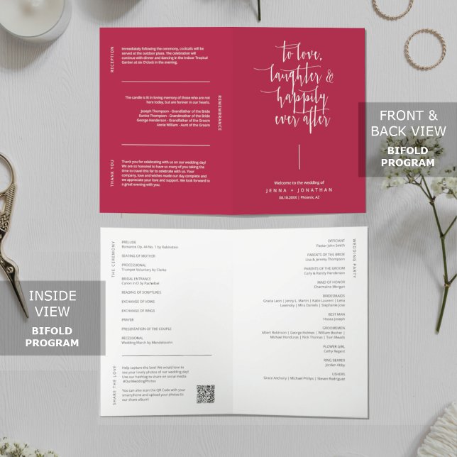 Elegant Magenta Minimalistt QR Code Wedding Folded Program (Creator Uploaded)