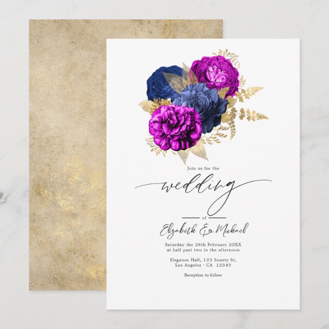 Elegant Magenta, Navy, and Gold Floral Wedding Invitation (Front/Back)