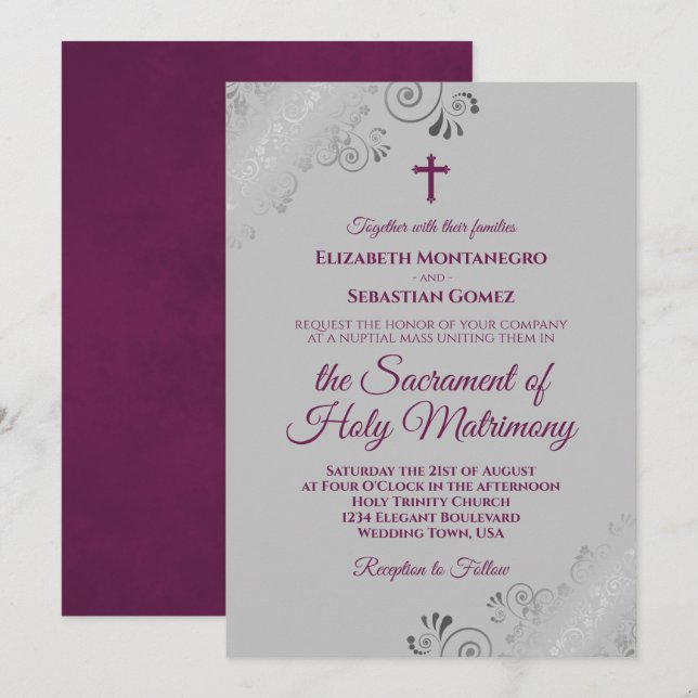 Elegant Magenta on Gray Modern Catholic Wedding Invitation (Front/Back)