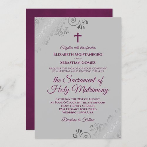 Elegant Magenta on Gray Modern Catholic Wedding Invitation