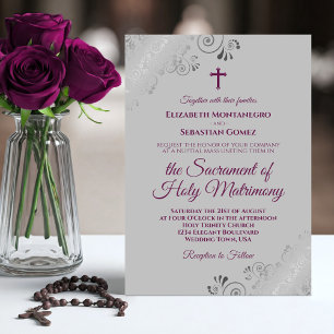 Elegant Magenta on Gray Modern Catholic Wedding Invitation