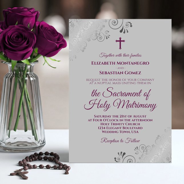 Elegant Magenta on Gray Modern Catholic Wedding Invitation (Creator Uploaded)