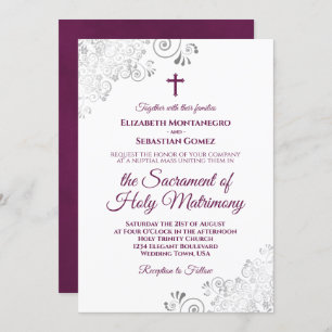 Elegant Magenta on White Modern Catholic Wedding Invitation