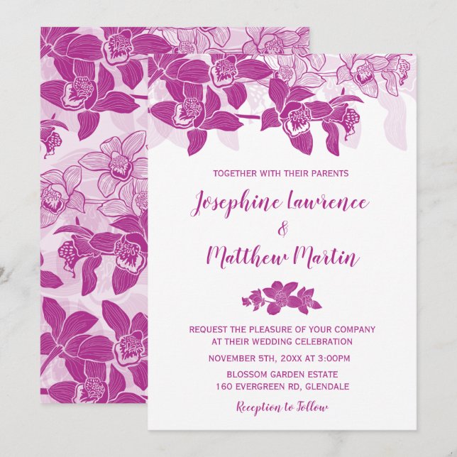 Elegant Magenta Orchids Wedding Invitation (Front/Back)