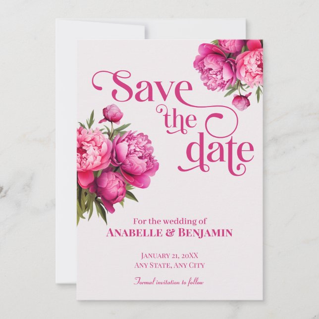 Elegant Magenta Peony Floral Save the Date Invitation (Front)