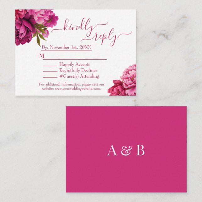 Elegant Magenta Peony Floral Wedding RSVP 2 Enclosure Card (Front/Back)