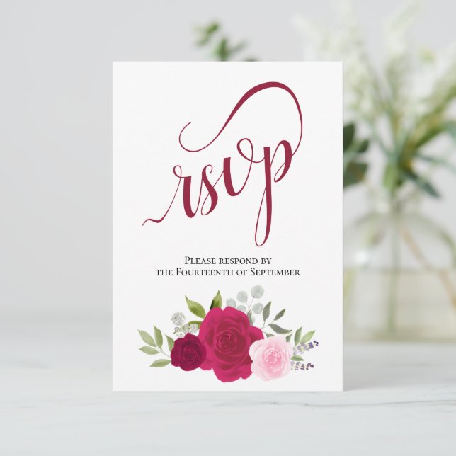 Elegant Magenta & Pink Boho Roses Bouquet Wedding RSVP Card (Standing Front)