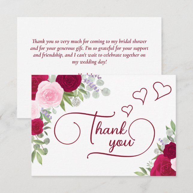 Elegant Magenta & Pink Boho Roses Bridal Shower Thank You Card (Front/Back)