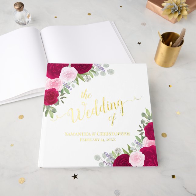 Elegant Magenta & Pink Boho Roses Foil Wedding Foil Guest Book (Front Open)