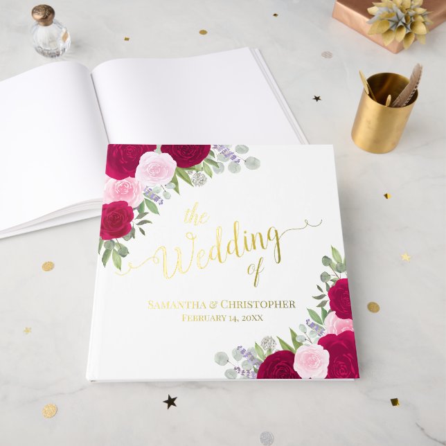 Elegant Magenta & Pink Boho Roses Foil Wedding Guest Book (Front Open)
