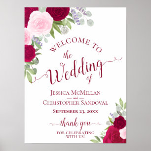 Elegant Magenta & Pink Boho Roses Wedding Welcome Poster