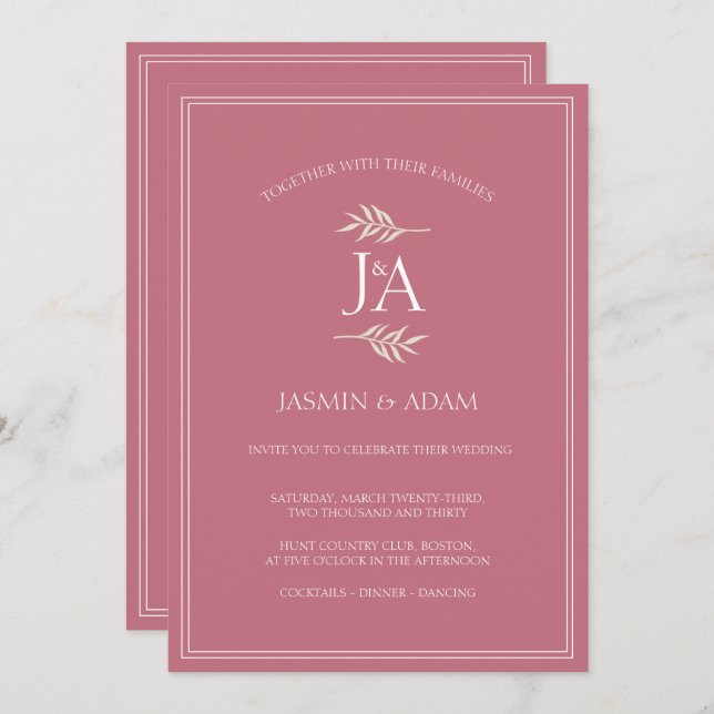 Elegant Magenta Pink Classic Initials Wedding  Invitation (Front/Back)