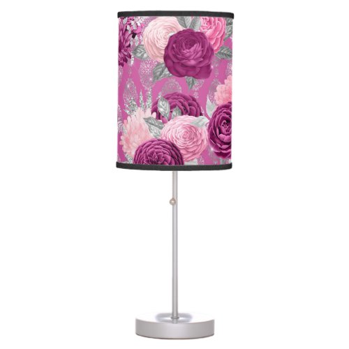 Elegant Magenta Pink Floral and Damask Design Table Lamp