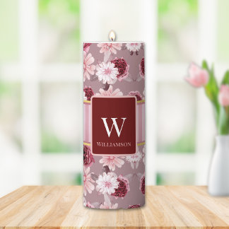 Elegant Magenta Pink Floral Stripe Custom Monogram Pillar Candle