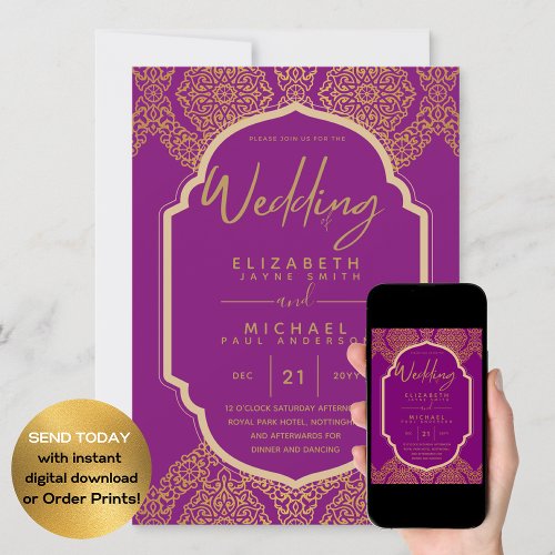 Elegant Magenta Pink Gold Ornate Wedding Invitation