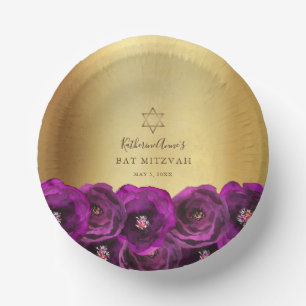 Elegant Magenta Pink Rose Floral Gold Bat Mitzvah Paper Bowls