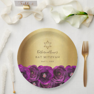 Elegant Magenta Pink Rose Floral Gold Bat Mitzvah Paper Plates