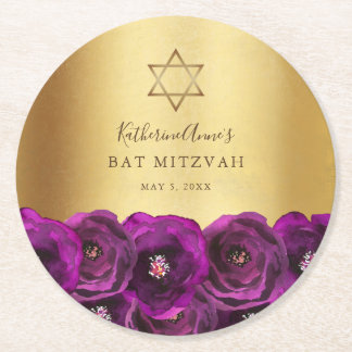 Elegant Magenta Pink Rose Floral Gold Bat Mitzvah Round Paper Coaster