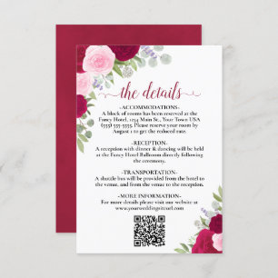 Elegant Magenta Pink Roses Wedding Details QR Code Enclosure Card