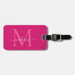 Elegant Magenta Pink White Monogram Script Name Luggage Tag