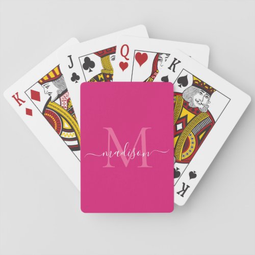 Elegant Magenta Pink White Monogram Script Name Poker Cards