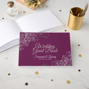 Elegant Magenta Plum and Silver Frilly Wedding Guest Book