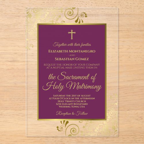 Elegant Magenta Plum &amp; Gold Catholic Wedding Acrylic Invitations