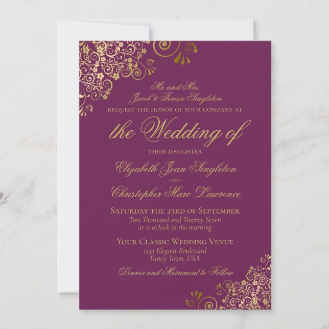 Elegant Magenta Plum & Gold Classy Formal Wedding Invitation (Front)
