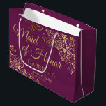 Elegant Magenta Plum & Gold Maid of Honor Wedding Large Gift Bag<br><div class="desc">This beautiful gift bag is designed as a wedding gift or favor bag for the Maid of Honor. It features a beautiful cassis purple, magenta, red plum, or berry colored background with ornate golden faux foil curls and swirls in the corners. The gold script lettering reads "Maid of Honor" with...</div>