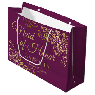 Elegant Magenta Plum & Gold Maid of Honor Wedding Large Gift Bag