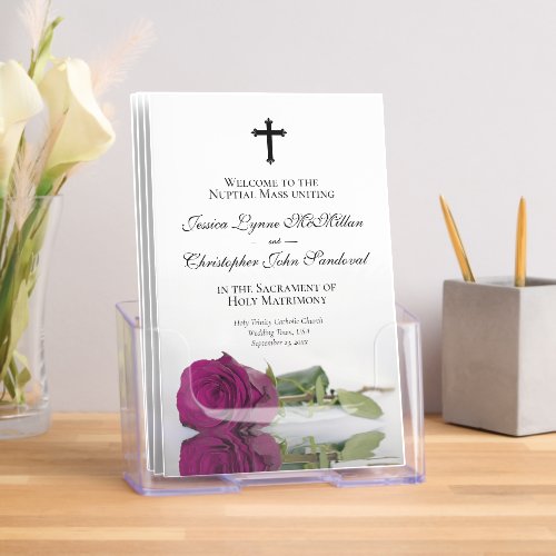 Elegant Magenta Plum Rose Catholic Wedding Program Brochure