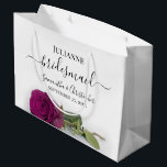 Elegant Magenta Plum Rose Posh Bridesmaid Wedding Large Gift Bag<br><div class="desc">These beautiful gift bags are designed as a wedding gift or favor bag for your Bridesmaids. They feature a simple yet stunning design with a long stemmed magenta plum or berry purple colored rose lying on its side. The title "Bridesmaid" written in fancy script letters with swashes on the ends....</div>
