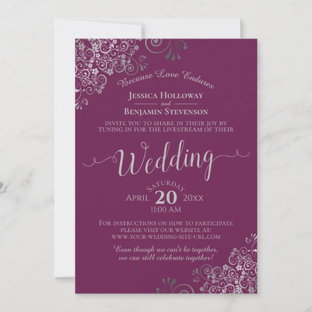 Elegant Magenta Plum & Silver Wedding Livestream Invitation (Front)