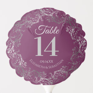 Elegant Magenta Plum & Silver Wedding Table Number Balloon