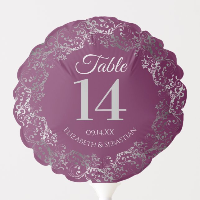 Elegant Magenta Plum & Silver Wedding Table Number Balloon (Front)