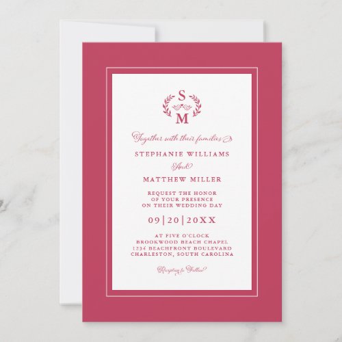 Elegant Magenta Red Initials Calligraphy Wedding Invitation