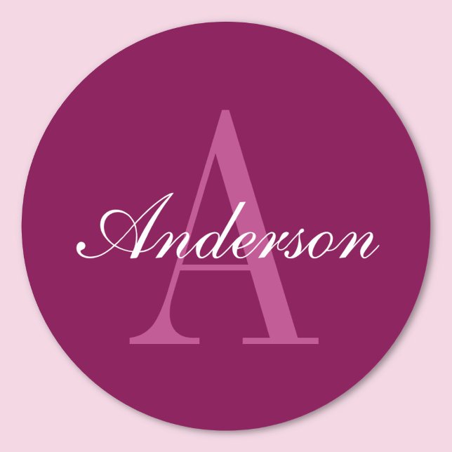 Elegant Magenta Red, Pink & White Name & Monogram Classic Round Sticker (Creator Uploaded)