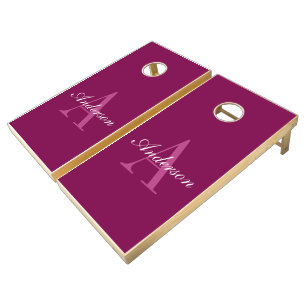 Elegant Magenta Red, Pink & White Name & Monogram Cornhole Set