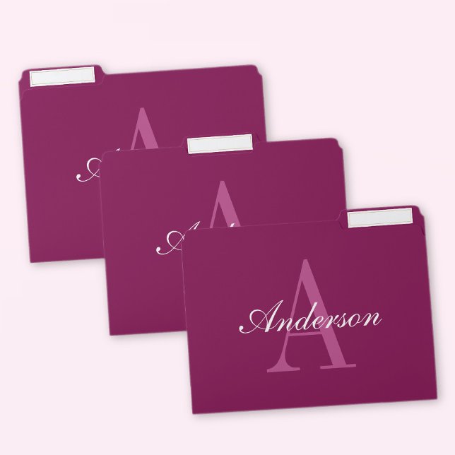 Elegant Magenta Red, Pink & White Name & Monogram File Folder (Creator Uploaded)