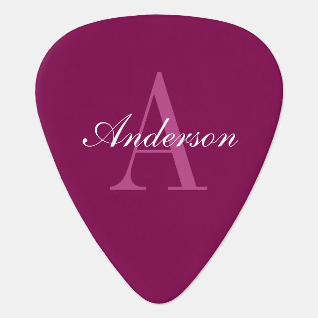 Elegant Magenta Red, Pink & White Name & Monogram Guitar Pick (Front)