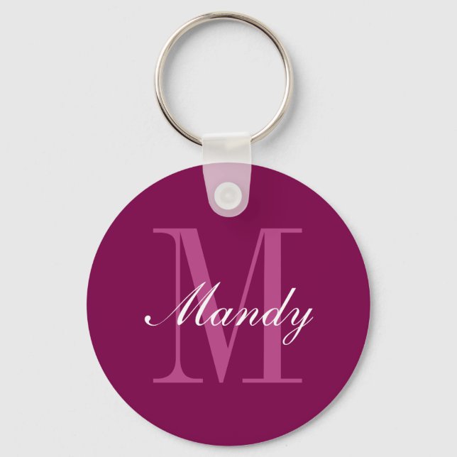 Elegant Magenta Red, Pink & White Name & Monogram Keychain (Front)