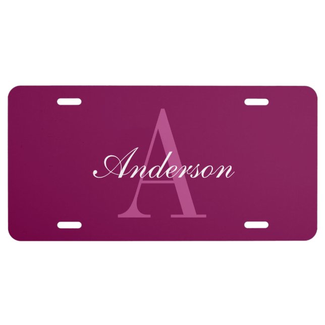 Elegant Magenta Red, Pink & White Name & Monogram License Plate (Front)