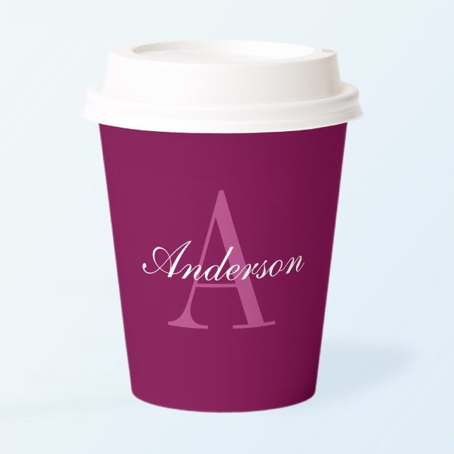 Elegant Magenta Red, Pink & White Name & Monogram Paper Cups (Creator Uploaded)