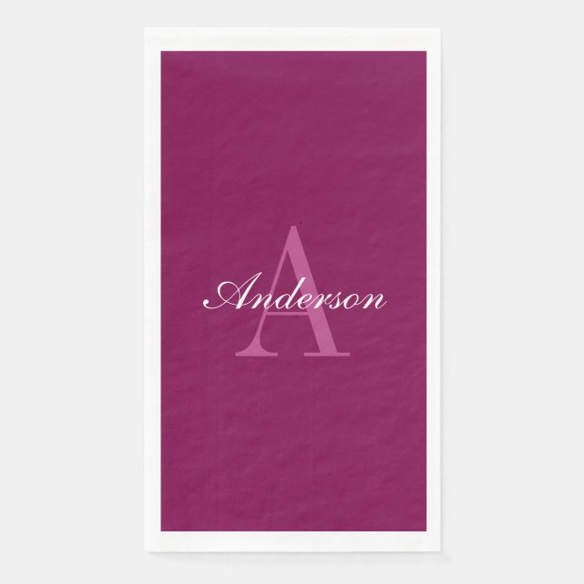 Elegant Magenta Red, Pink & White Name & Monogram Paper Guest Towels (Front)